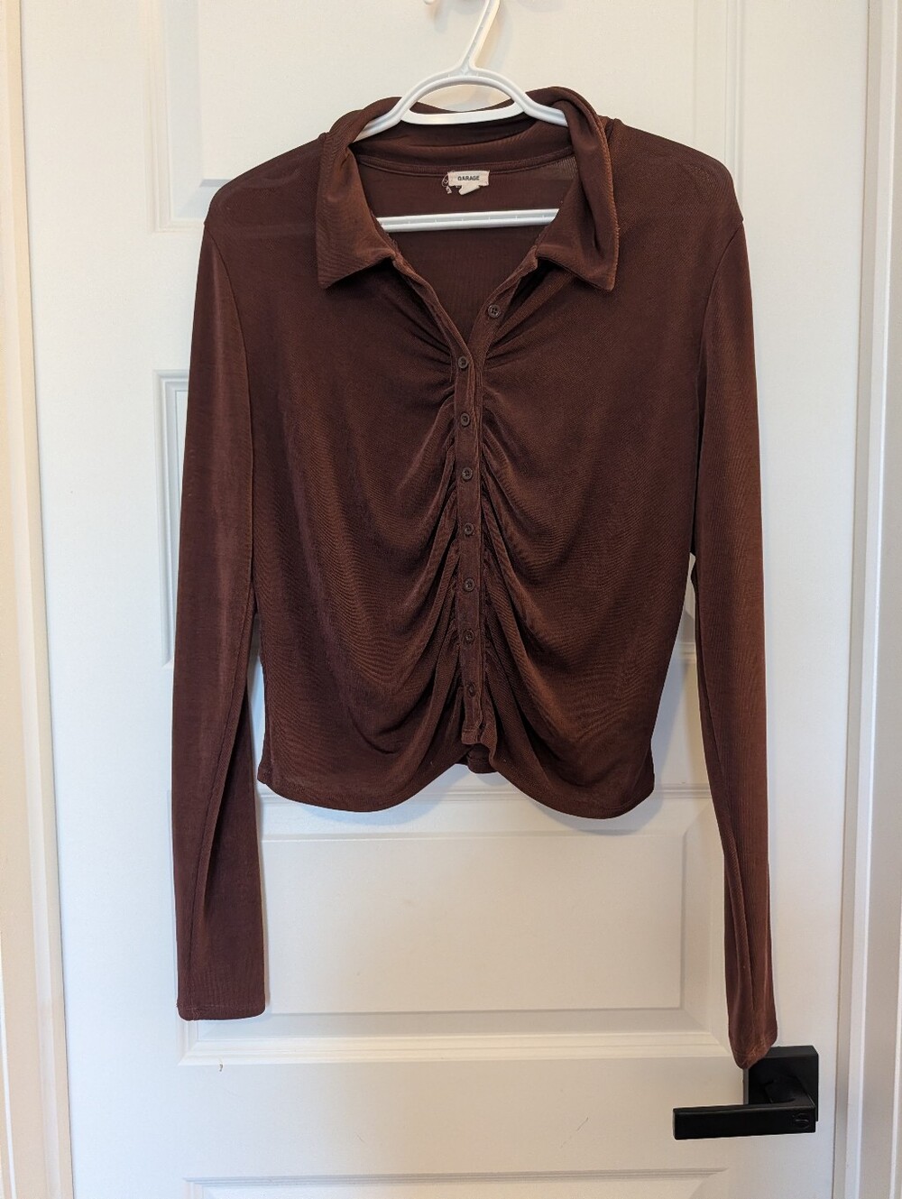 Garage Brown Ruched Button-Front Long Sleeve Top